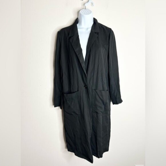 Aritzia Wilfred Free Long Blazer Trench Coat Jacket Lightweight Black Satin S - Picture 12 of 13